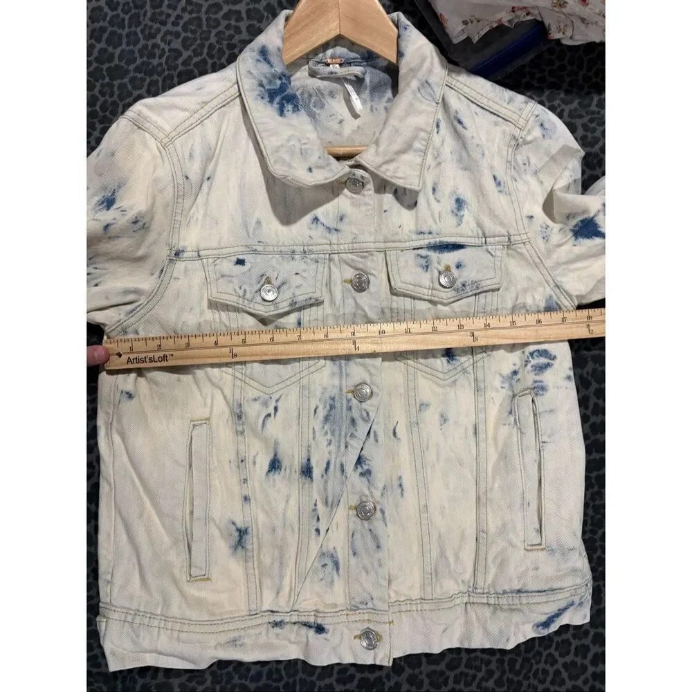 Free People Bleach Wash Denim Jacket Blue White Tie Dye Trucker Jacket Medium